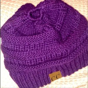 CC purp, yellow, & blk, beanies W pony tail holes